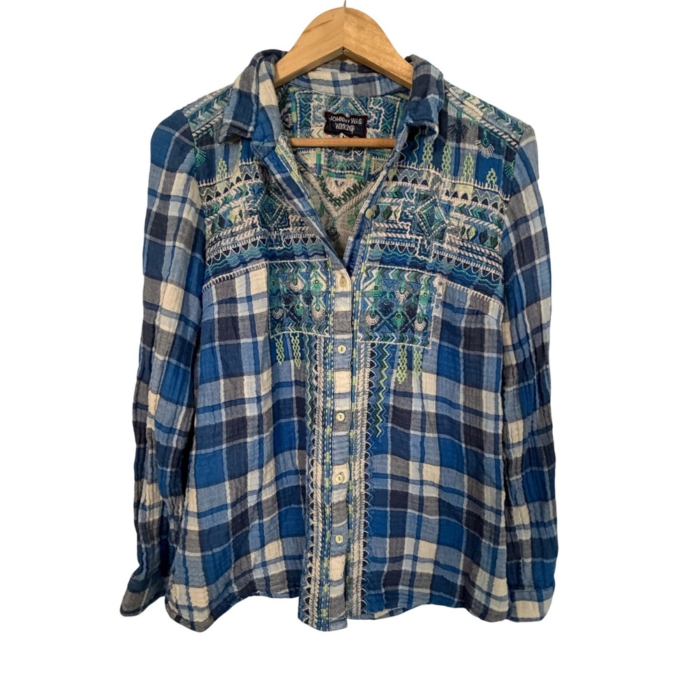 Johnny Was Workshop Plaid Shirt Womens M Blue Excellent Embroidered Boho Top